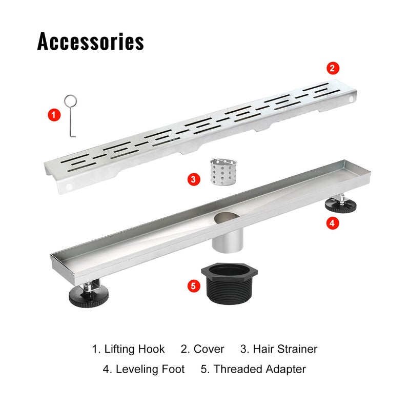 SaniteModar Linear Shower Drain, Shower Drain 24 inch High Water Flow Removable Grate, Brushed 304 Stainless Steel Linear Drain with Hair Strainer, Adjustable Leveling Feet - Image 5